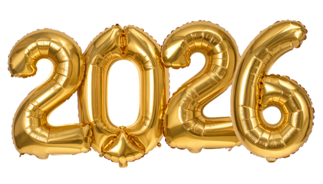 Metallic Gold 2026 Number Balloon, Transparent PNG - Powered by Adobe