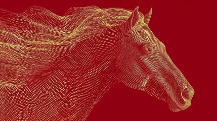 Horse with a long mane and a red background. The horse is depicted in a stylized way, with a lot of detail and texture