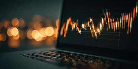 Laptop screen shows a graph with a red line that is rising. The graph is of a stock market