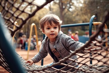 A young boy climbing on a rope net at a playground.