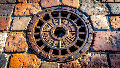 Manhole cover on brick pavement, clean geometric alignment, architectural composition