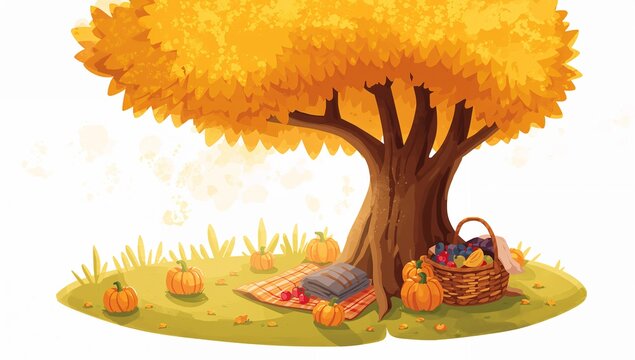 A tree with a basket of fruit and a blanket on the ground