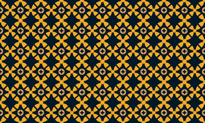 Luxurious seamless geometric pattern with complex traditional motif, resembling high-end arabesque or sophisticated batik art. Features rich gold details on a deep navy background. Ideal for formal 