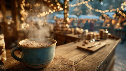 Steaming beverage in a blue mug on a wooden surface outside