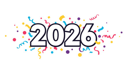 Colorful new year 2026 celebration design with confetti and bold numbers
