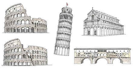 Historic italian landmarks sketch with leaning tower and colosseum highlights © Mark