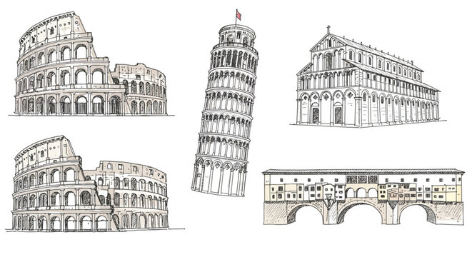 Historic italian landmarks sketch with leaning tower and colosseum highlights
