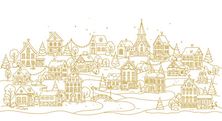 Winter wonderland scene featuring cozy houses and church in gold linear style