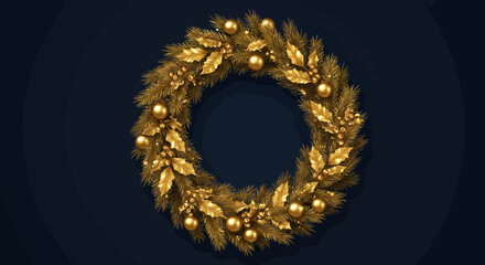 Elegant gold christmas wreath on dark blue background for festive holiday decor © Mark
