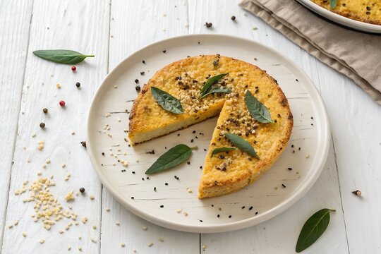 Traditional Slices of Savory Gujarati Handvo on a White Plate top down view with white table background