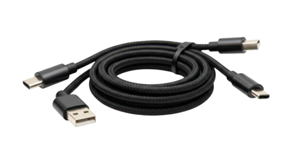 Braided black charging cable with USB and USB-C connectors.