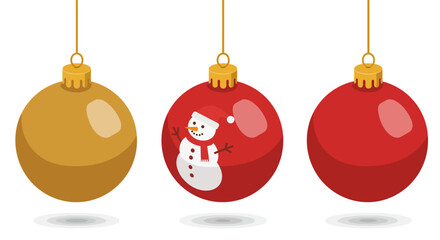 Festive christmas baubles with snowman design hanging on gold string