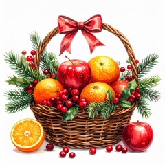 Festive Woven Basket with Apples Oranges Berries Pine Branches and Red Bow