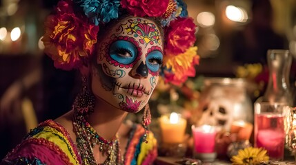Day of the dead makeup woman with sugar skull face paint and floral crown portrait