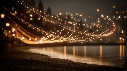 Fototapeta premium Beach at night with a river in the background. The water is calm and the sky is dark