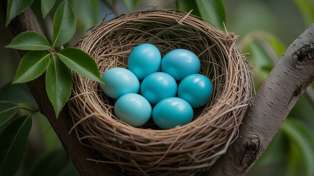 Seven bright blue eggs nestled in a twig bird's nest on a tree branch robin eggs nature
