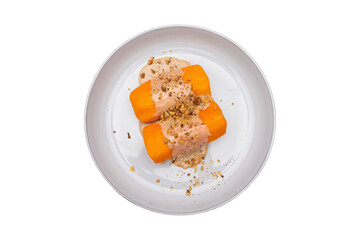 Top-down transparent PNG of Turkish pumpkin dessert with tahini and walnuts, ideal for menu and dessert design.