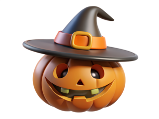Spooky pumpkin with witch hat isolated on transparent background, a festive and fun illustration for halloween celebration