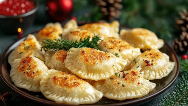 Plate of traditional polish pierogi with golden crust, butter, and chopped parsley, arranged on a dark green napkin, surrounded by Christmas tree branches, string lights, and a glowing candle