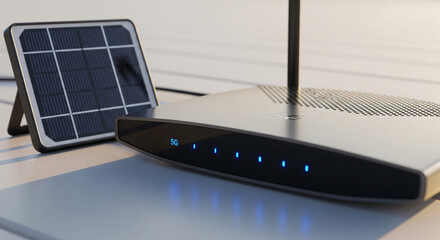 Portable 5G Router and Small Solar Panel Showing Off Grid Internet Connection