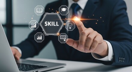 Businessman Touching Skill Icon on Digital Interface, Education Concept.