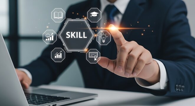 Businessman Touching Skill Icon on Digital Interface, Education Concept.