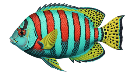 A vibrant, colorful tropical fish with striking blue and red stripes and yellow spotted fins, swimming in the ocean isolated on transparent background