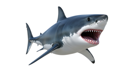 A menacing great white shark with its mouth open, isolated on transparent background
