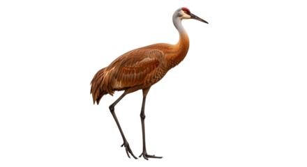 Sandhill crane standing tall with its distinctive orange plumage and long legs, isolated on transparent background