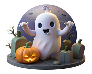 Spooky halloween ghost with pumpkins and bats isolated on transparent background, a festive and fun illustration