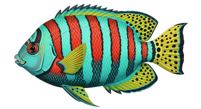 A vibrant, colorful tropical fish with striking blue and red stripes and yellow spotted fins, swimming in the ocean isolated on transparent background
