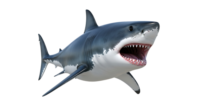 A menacing great white shark with its mouth open, isolated on transparent background