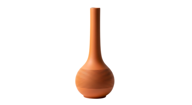 A tall, slender, terracotta vase with a bulbous base and intricate woven pattern, isolated on transparent background