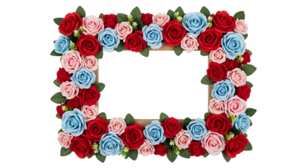A decorative rectangular frame adorned with a vibrant arrangement of red, pink, and blue roses and green leaves, isolated on transparent background