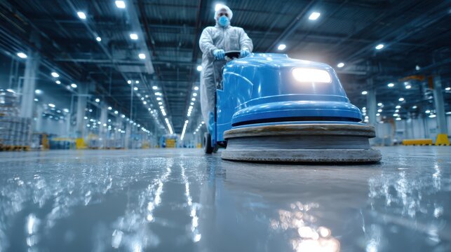 Worker in protective gear operates a blue floor cleaning machine on a shiny, wet industrial surface. Bright overhead lights illuminate the spacious, modern interior