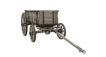 An old, rustic wooden cart with large spoked wheels and a weathered wooden body, resting on a transparent background
