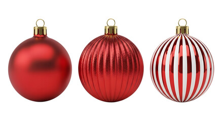 Three shiny red christmas baubles, one plain, one ribbed, and one striped, isolated on transparent background