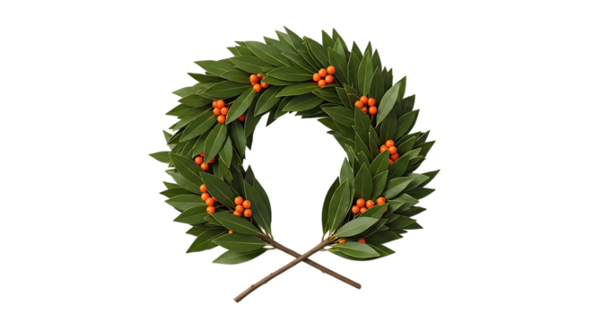 A circular wreath made of green bay leaves and small orange berries, crossed at the bottom and isolated on transparent background