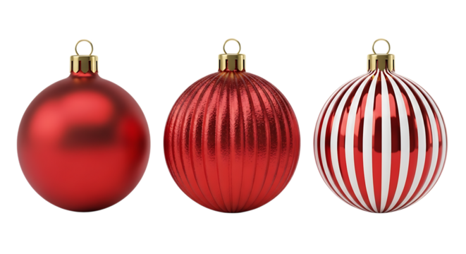 Three shiny red christmas baubles, one plain, one ribbed, and one striped, isolated on transparent background