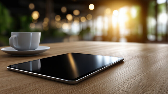 Tablet and coffee cup on wooden table in a cozy cafe