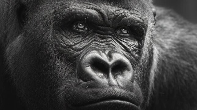 Black and white close-up portrait of a silverback gorilla staring directly into the camera, focusing on powerful eyes and intense expression in a dramatic wildlife image.
