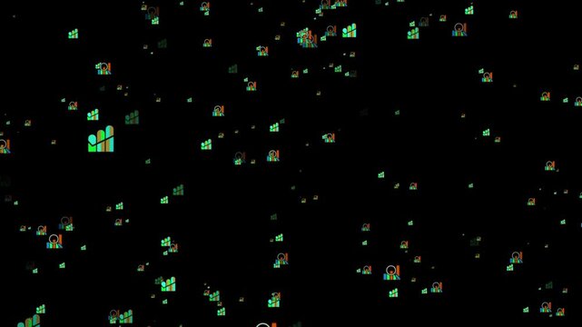 Scattered Abstract Colorful Data Chart Icons on Black Canvas. Premium business icon with particles 4k animation.