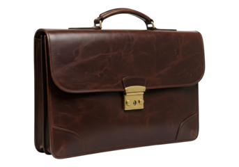 Rich brown leather briefcase with brass hardware on a white background.