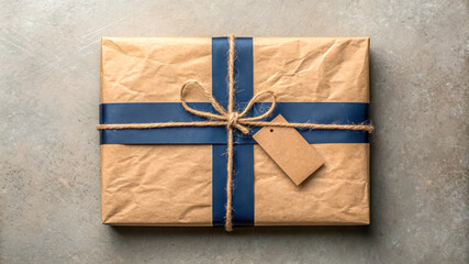 Rustic gift box expertly wrapped in textured brown paper tied with blue ribbon and twine