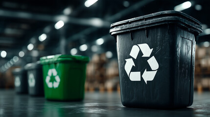 A row of bins with the recycling symbol in a warehouse area