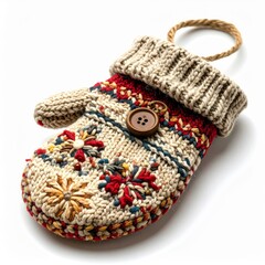 Knitted Christmas Mitten Ornament with Colorful Embroidery on White Backdrop