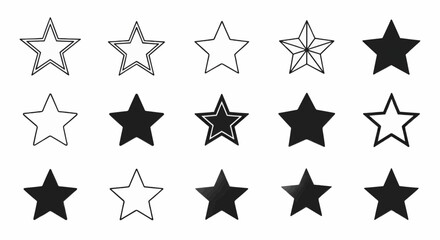 A diverse collection of black star icons shown in various styles. Includes hand-drawn, outlined, and solid shapes for rating, review, and favorite symbols on a white background