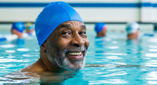 Joyful senior man with beard wearing blue swim cap smiling in swimming pool surrounded by other swimmers enjoying water aerobics class active lifestyle recreation