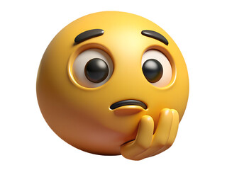Worried emoji with hand on chin isolated on transparent background, depicting contemplation and thoughtful sadness