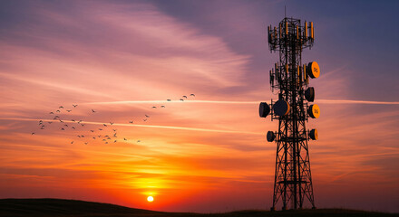 5G Cell Tower Silhouette with Birds Flying Over Dramatic Sunset Landscape